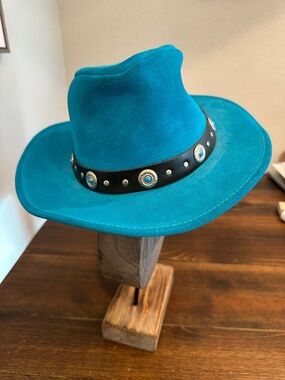 Teal Suede Western Fedora Hat with Studded Band